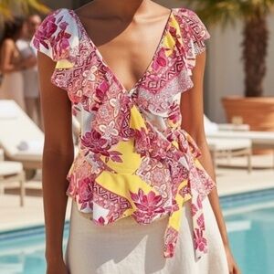 💥 Floral Peplum Wrap Top with Pink and Yellow Accents Women’s Large
